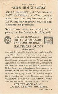 1938 Church & Dwight Useful Birds of America Tenth Series (J9-6) #8 Baltimore Oriole Back