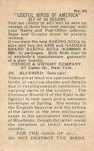 1915 Church & Dwight Useful Birds of America First Series (J5) #25 Bluebird Back