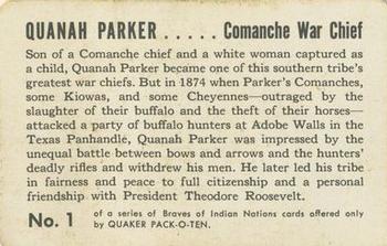 1956 Quaker Pack-o-Ten Braves of Indian Nations (F279-8) #1 Quanah Parker Back