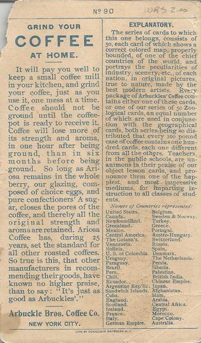 1889 Arbuckle's Coffee Principle Nations of the World (K3) #90 Ecuador Back