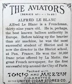 1911 American Tobacco Company The Aviators (T38) #NNO Alfred Leblanc Back