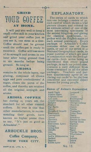 1890 Arbuckle's Coffee Animals (Zoological) (K1) #13 Genett Back