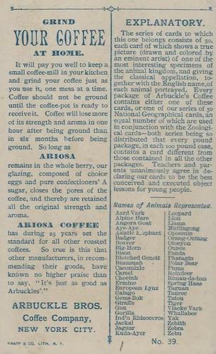 1890 Arbuckle's Coffee Animals (Zoological) (K1) #39 Aard Vark Back