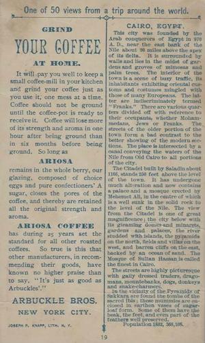 1891 Arbuckle's Coffee Views From a Trip Around the World (K8) #19 Cairo, Egypt Back