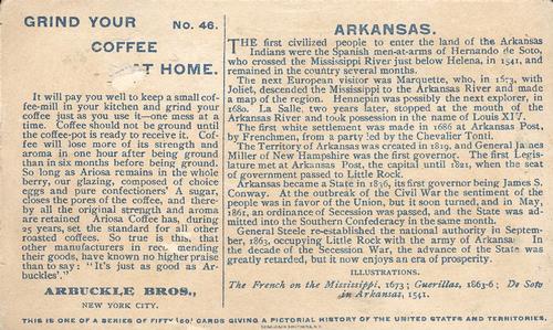 1892 Arbuckle's Coffee Pictorial History of the United States and Territories (K5) #46 Arkansas Back