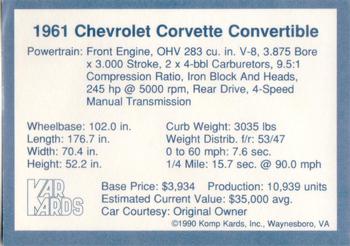 1990 Komp Kards - Kar Kards #NNO 1961 Chevrolet Corvette Convertible Back