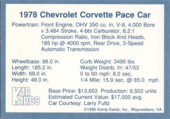 1990 Komp Kards - Kar Kards #NNO 1978 Chevrolet Corvette Pace Car Back