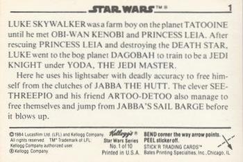 1984 Kellogg's Star Wars - Blue Border #1 Luke Skywalker Back