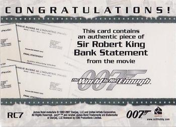 2007 Rittenhouse The Complete James Bond 007 - Costume Relics #RC7 Sir Robert King Bank Statement Back