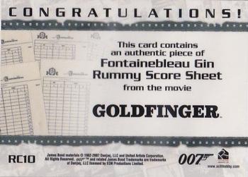 2007 Rittenhouse The Complete James Bond 007 - Costume Relics #RC10 Fontainebleau Gin Rummy Score Sheet Back