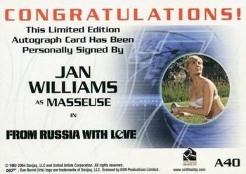 2004 Rittenhouse The Quotable James Bond - 40th Anniversary-Style Autograph Expansion #A40 Jan Williams as Masseuse Back