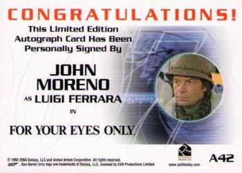 2004 Rittenhouse The Quotable James Bond - 40th Anniversary-Style Autograph Expansion #A42 John Moreno as Luigi Ferrara Back