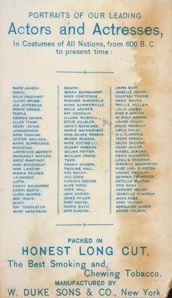 1889 Duke's Actors and Actresses (N94) #NNO Effie Ellsler / John T. Raymond / Marie Wainwright Back