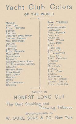 1890 Honest Yacht Colors of the World (N140) #NNO Bunker Hill Yacht Club Back