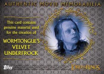 2003 Topps Lord of the Rings: The Two Towers Update - Memorabilia Cards #NNO Wormtongue's Velvet Underfrock Back