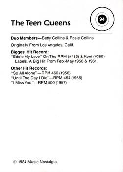 1984 Music Nostalgia Rock Greats Series 3 #94 The Teen Queens Back