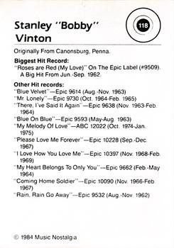 1984 Music Nostalgia Rock Greats Series 3 #118 Bobby Vinton Back