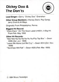 1984 Music Nostalgia Rock Greats Series 3 #135 Dickey Doo & The Don'ts Back