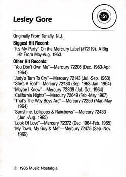 1985 Music Nostalgia Rock Greats Series 4 #151 Lesley Gore Back