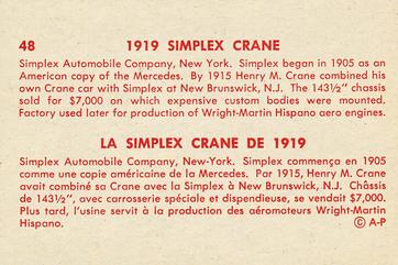 1959 Parkhurst Old Time Cars (V339-16) #48 1919 Crane Simplex Back