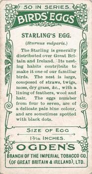 1908 Ogden's Cigarettes British Birds' Eggs #2 Starling Back