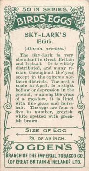 1908 Ogden's Cigarettes British Birds' Eggs #8 SkyLark Back