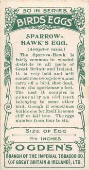 1908 Ogden's Cigarettes British Birds' Eggs #14 Sparrow Hawk Back