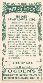 1908 Ogden's Cigarettes British Birds' Eggs #23 Hedge Sparrow Back
