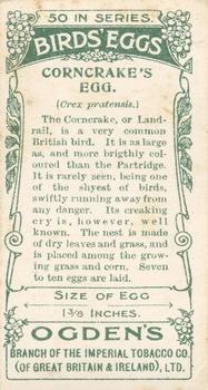 1908 Ogden's Cigarettes British Birds' Eggs #40 Corncrake Back