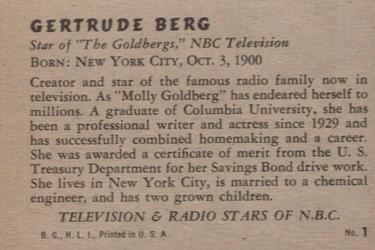 1952 Bowman Television and Radio Stars of NBC (R701-14) #1 Gertrude Berg Back