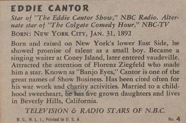 1952 Bowman Television and Radio Stars of NBC (R701-14) #4 Eddie Cantor Back