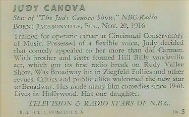 1952 Bowman Television and Radio Stars of NBC (R701-14) #5 Judy Canova Back
