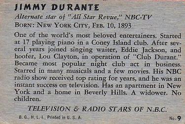 1952 Bowman Television and Radio Stars of NBC (R701-14) #9 Jimmy Durante Back