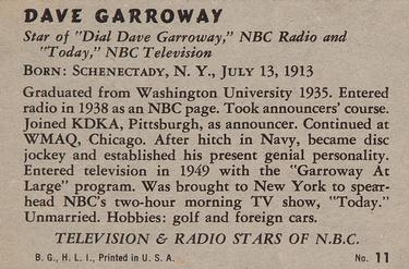 1952 Bowman Television and Radio Stars of NBC (R701-14) #11 Dave Garroway Back