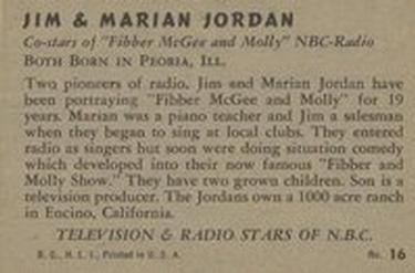 1952 Bowman Television and Radio Stars of NBC (R701-14) #16 Jim Jordan / Marian Jordan Back