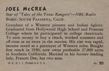 1952 Bowman Television and Radio Stars of NBC (R701-14) #20 Joel McCrea Back