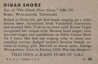 1952 Bowman Television and Radio Stars of NBC (R701-14) #28 Dinah Shore Back