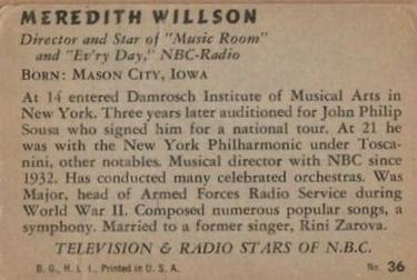 1952 Bowman Television and Radio Stars of NBC (R701-14) #36 Meredith Willson Back