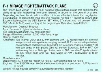 1991 DSI Desert Storm Weapons & Specifications #31 F-1 Mirage Fighter/Attack Plane Back