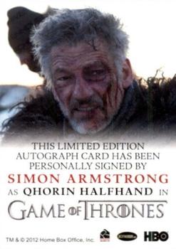 2017 Rittenhouse Game of Thrones Season 6 - Autographs Full Bleed #NNO Simon Armstrong Back