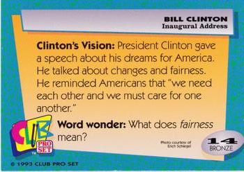 1993 Club Pro Set Bill Clinton #14 Inaugural Address Back