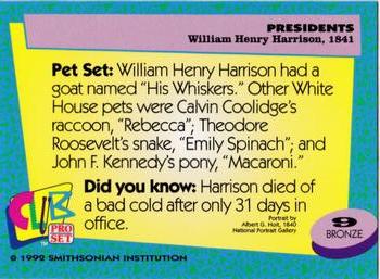1992 Smithsonian Institute Presidents #9 William Henry Harrison Back