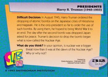 1992 Smithsonian Institute Presidents - Gold #32 Harry S. Truman Back