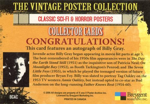 2007 Breygent Classic Sci-Fi & Horror Posters - Autographs #BGAC Billy Gray Back