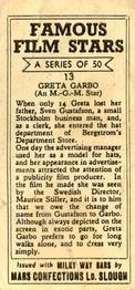 1939 Milky Way Famous Film Stars #13 Greta Garbo Back