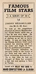 1939 Milky Way Famous Film Stars #14 Johnny Weissmuller Back