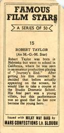 1939 Milky Way Famous Film Stars #15 Robert Taylor Back
