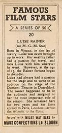 1939 Milky Way Famous Film Stars #20 Luise Rainer Back