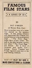 1939 Milky Way Famous Film Stars #30 Pat O'Brien Back