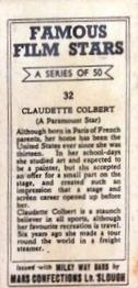 1939 Milky Way Famous Film Stars #32 Claudette Colbert Back